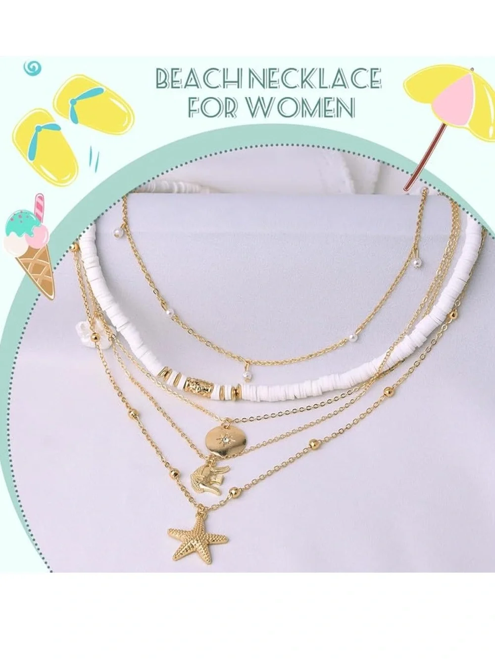 Fashion Jewelry Layered Starfish Beach Necklace Set, Gold White, Adjustable - Picture 5 of 5